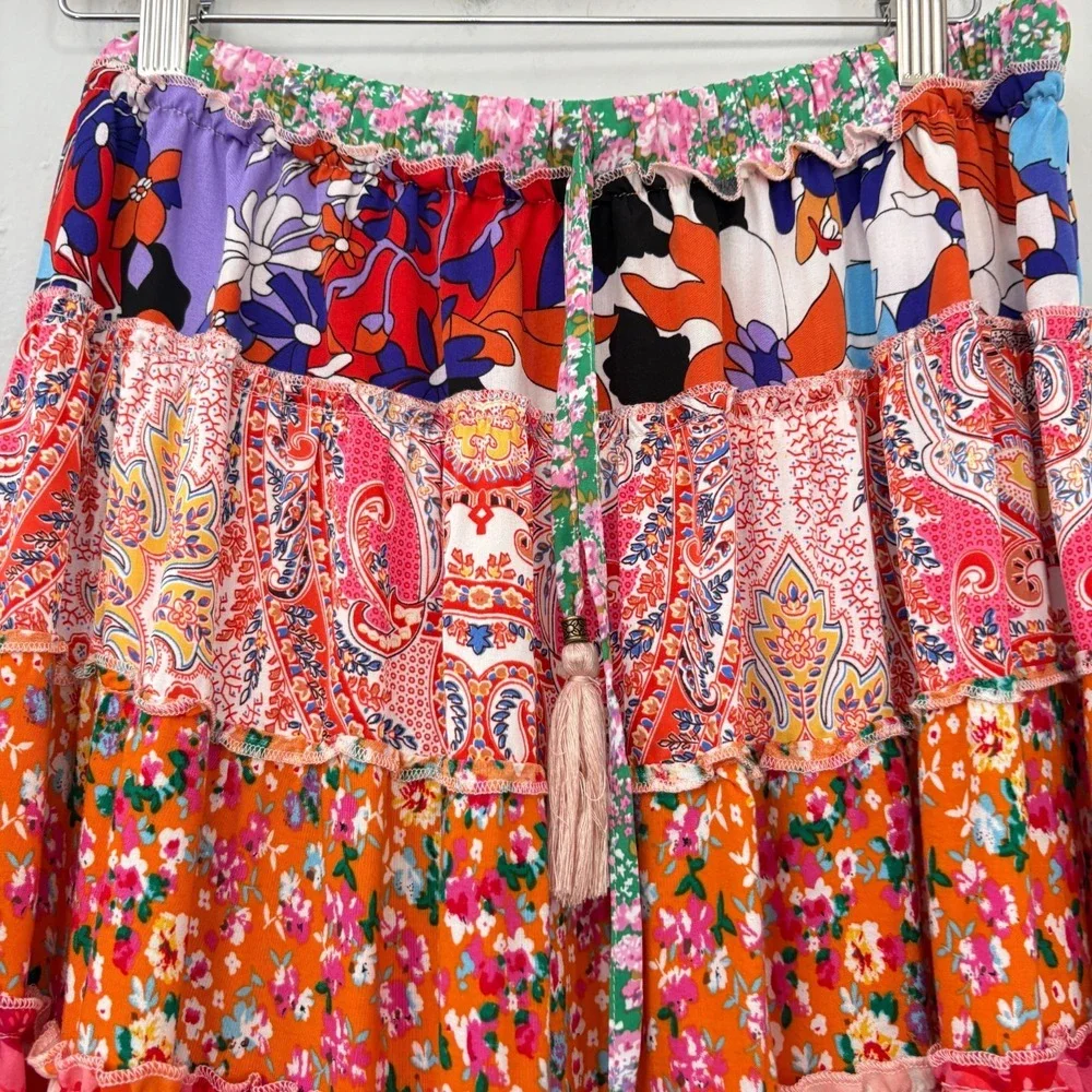White Burch Floral Maxi Skirt Women Large Multicolor Tiered Gypsy Pull On Flaw - Picture 4 of 14